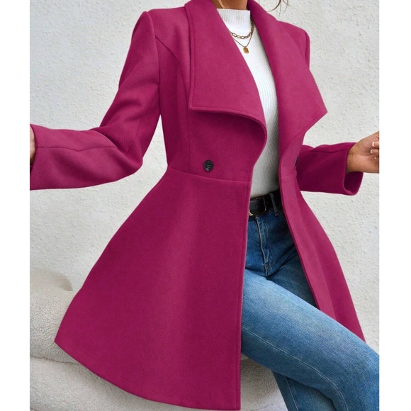 Classic Wide Collar Flare Hem Button Oversized Pea Coat - Picture 8 of 13
